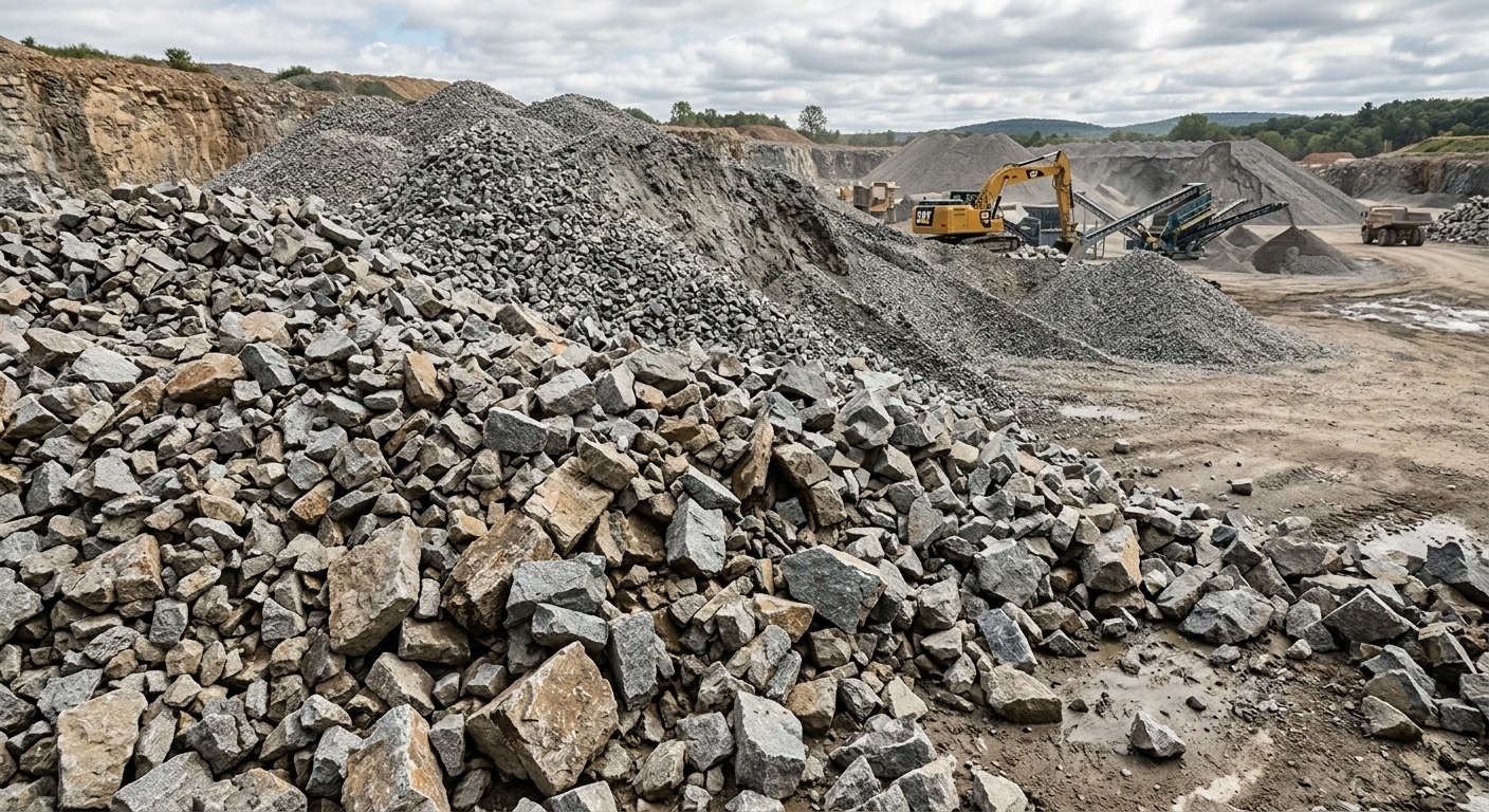 Large boulders and processed stone stockpiled at the Trazela quarry