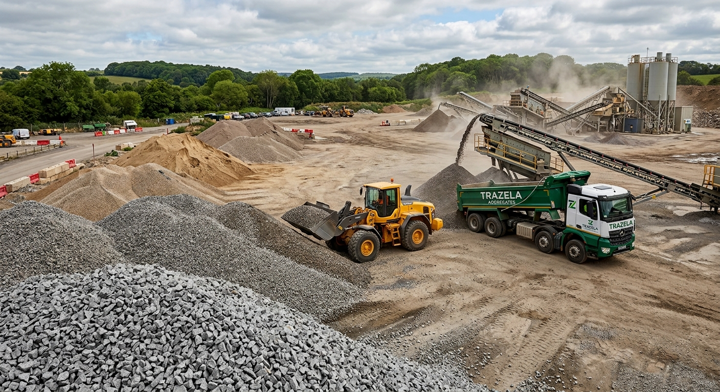 Trazela truck loading crushed stone ballast beside the crusher at the quarry